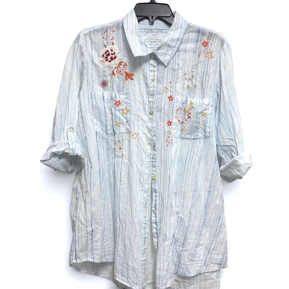 Kyla Seo Light Blue Striped Embroidered Celestial Floral Button Front Blouse S